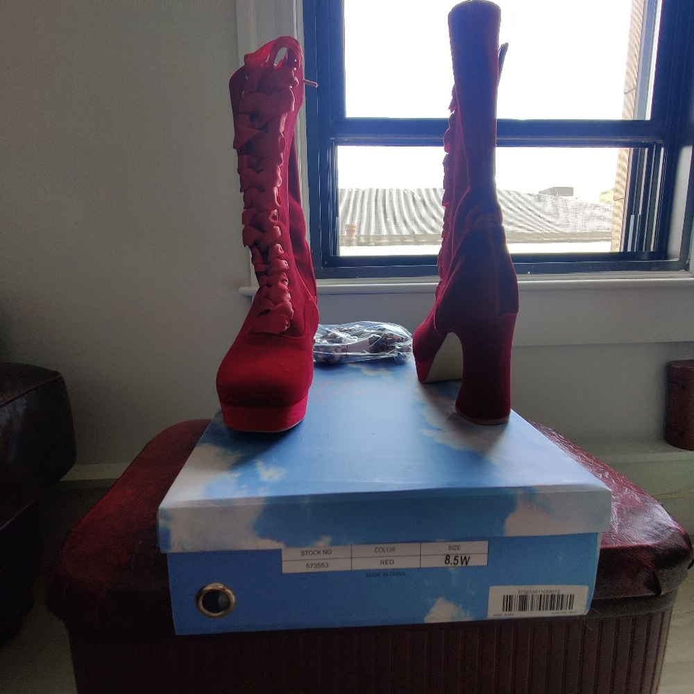 Touch of Cyn Red Velvet Victorian Platform Boot